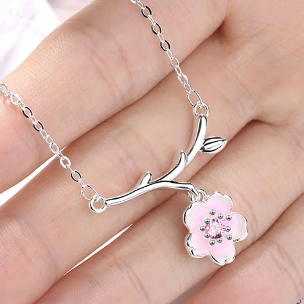 #NEW 925 Sterling Silver Pink White Diamond Cherry Blossom Leaf Branch Necklace
